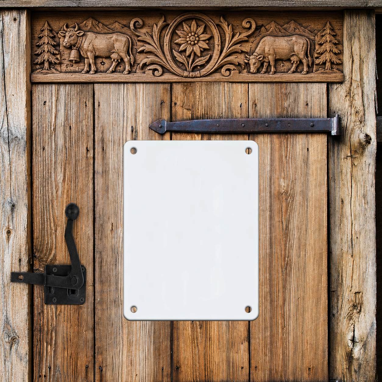Personalisierte Blechtafel mit Foto, Text oder Logo an rustikaler Holztür, weisses Metallschild zum selber Gestalten bei Customify