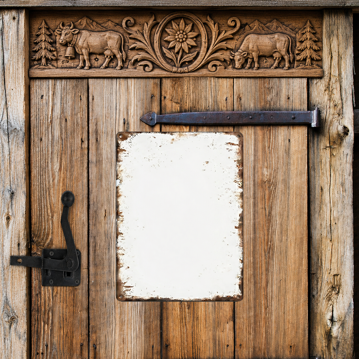 Personalisierte Blechtafel im Vintage-Hochformat mit Foto, Text oder Logo an rustikaler Holztür, Metallschild zum selber Gestalten bei Customify