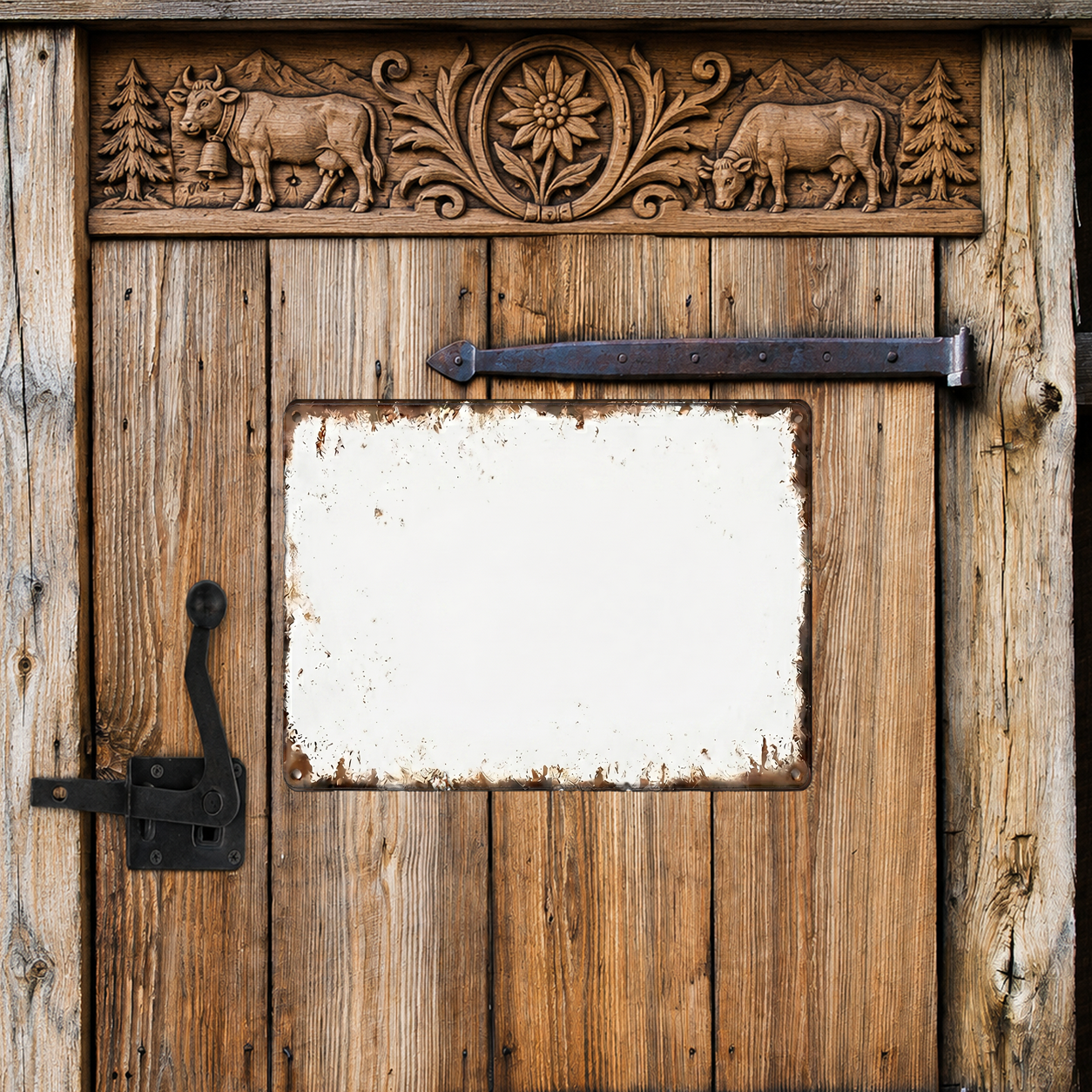Personalisierte Blechtafel im Vintage-Querformat mit Foto, Text oder Logo an rustikaler Holztür, Metallschild zum selber Gestalten bei Customify