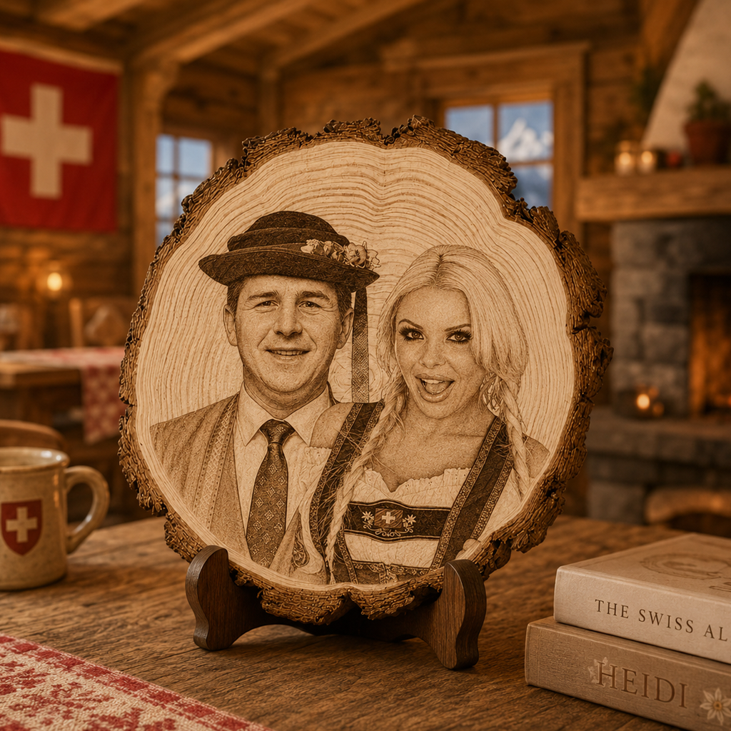Personalisierte Foto-Baumscheibe mit Gravur auf Ständer in Schweizer Alphütte als Erinnerungsgeschenk