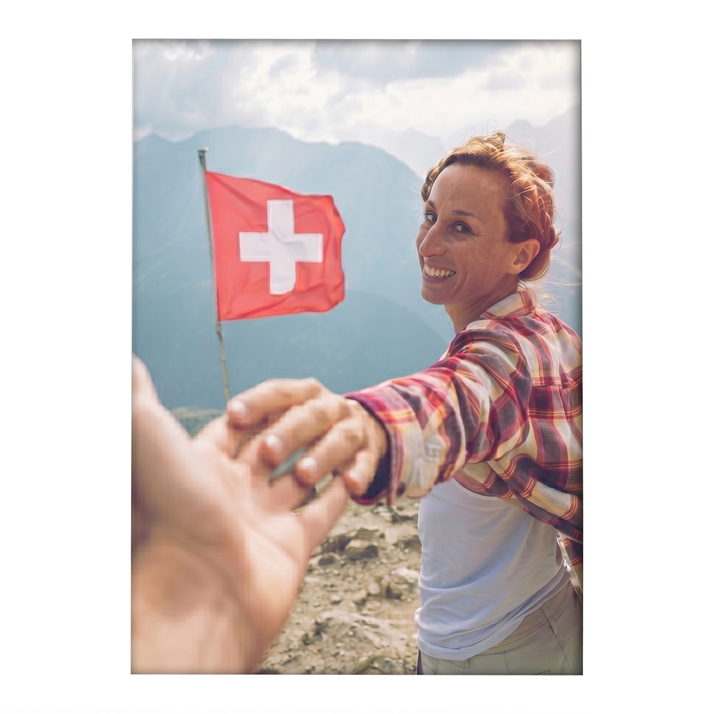 Personalisierte Fotoleinwand im Hochformat mit eigenem Bild und weissem Rahmen als moderne Wanddekoration in Seitenansicht