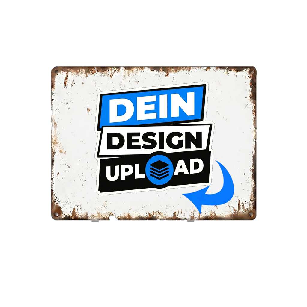 Personalisiertes Vintage-Blechschild mit eigenem Foto, Text oder Logo im rustikalen Metall-Look für Haus, Garage oder Garten