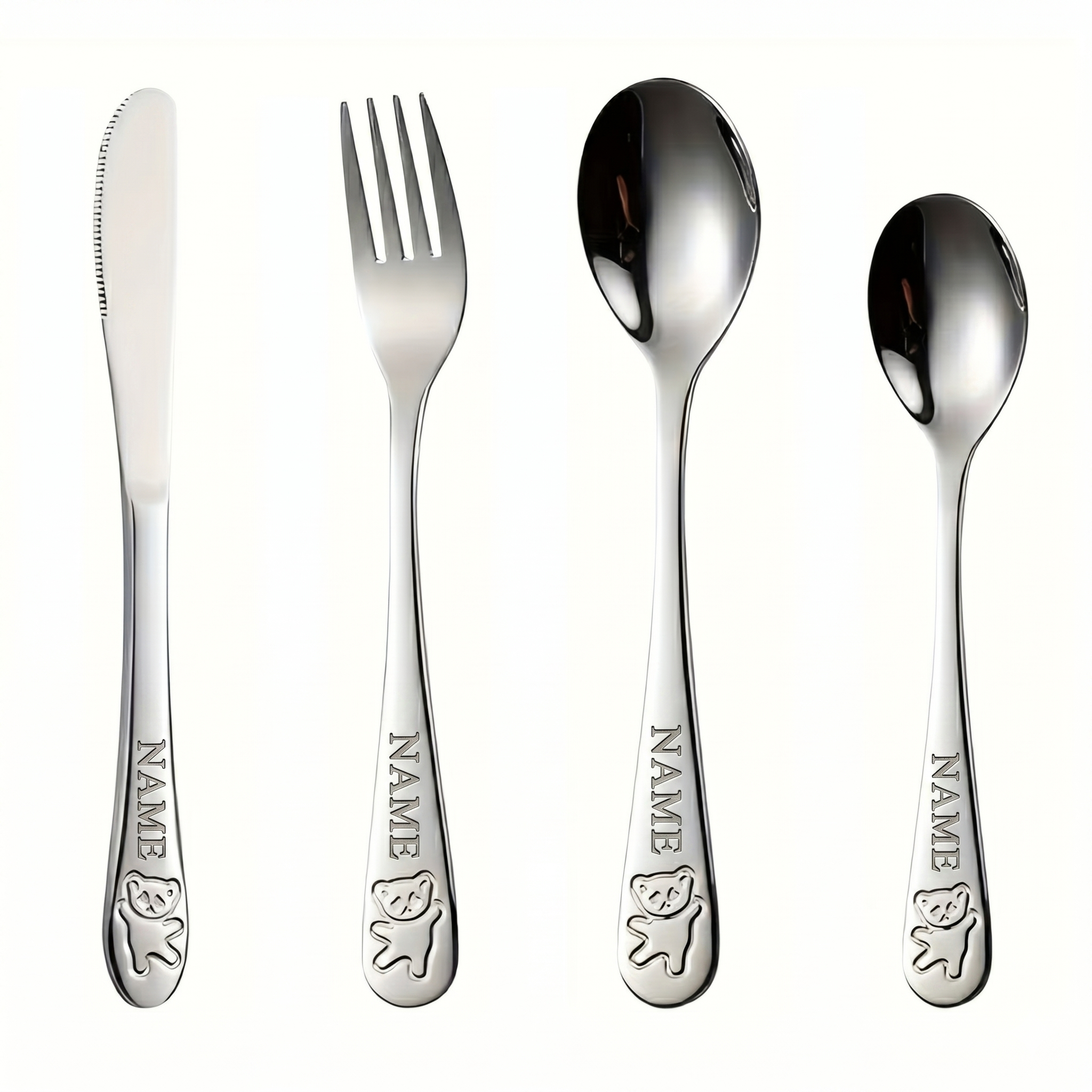 Personalisiertes Kinderbesteck mit Gravur und eigenem Namen als Set mit Messer, Gabel und Löffel
