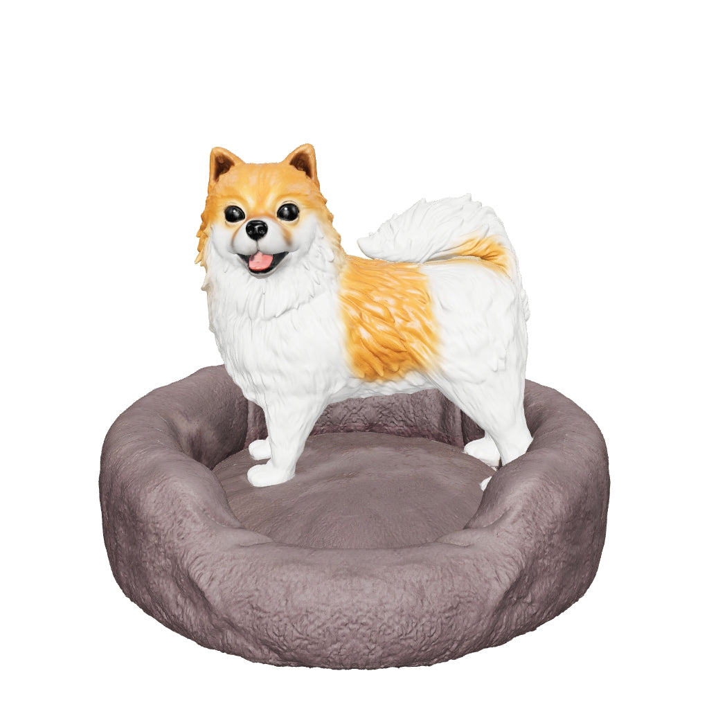 Handmodellierte Haustierfigur als 3D-Modell, personalisierte Pomeranian-Hundefigur stehend in einem Hundekorb