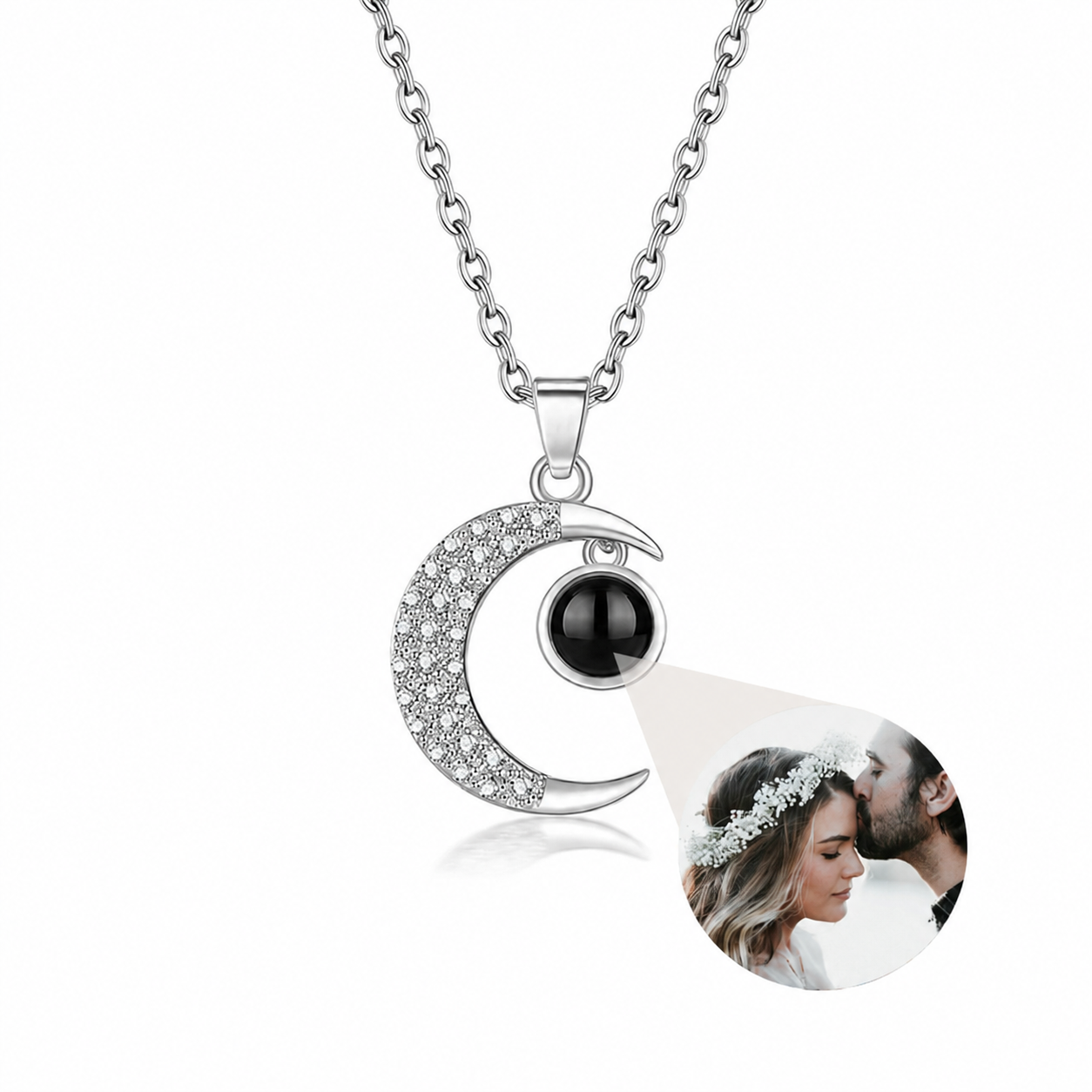 Personalisierte Geschenk Foto-Halskette als Mond mit Foto Hologramm-Projektion in Silber