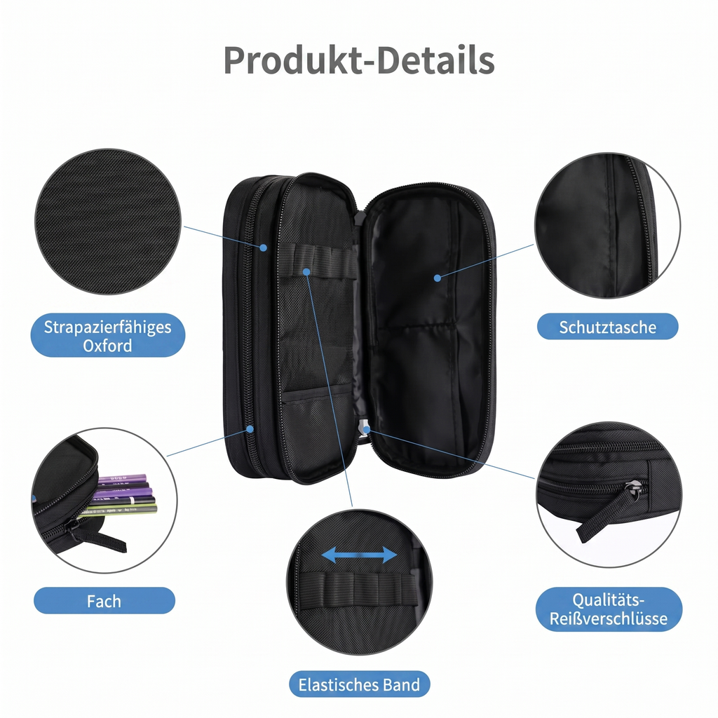 Schul-Etui Produktdetails mit strapazierfähigem Material, Schutzfach, elastischem Band, Fach und Qualitäts-Reissverschlüssen für Schule und kreative Schulsachen