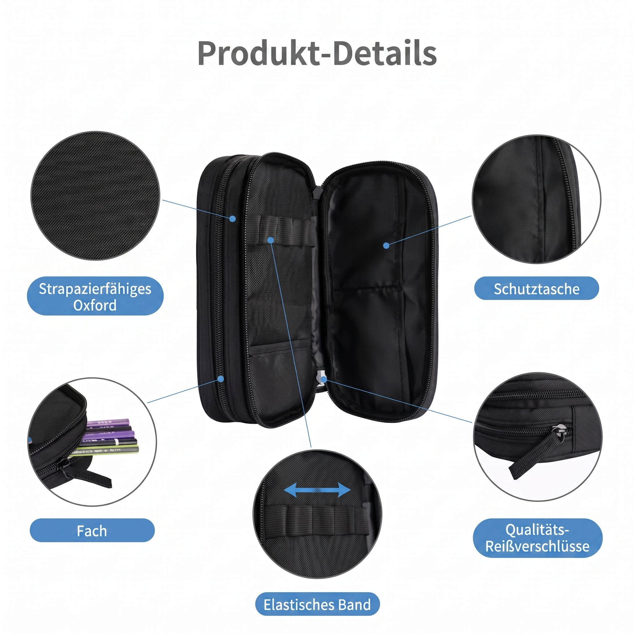 Schul-Etui Produktdetails mit strapazierfähigem Material, Schutzfach, elastischem Band, Fach und Qualitäts-Reissverschlüssen für Schule und kreative Schulsachen