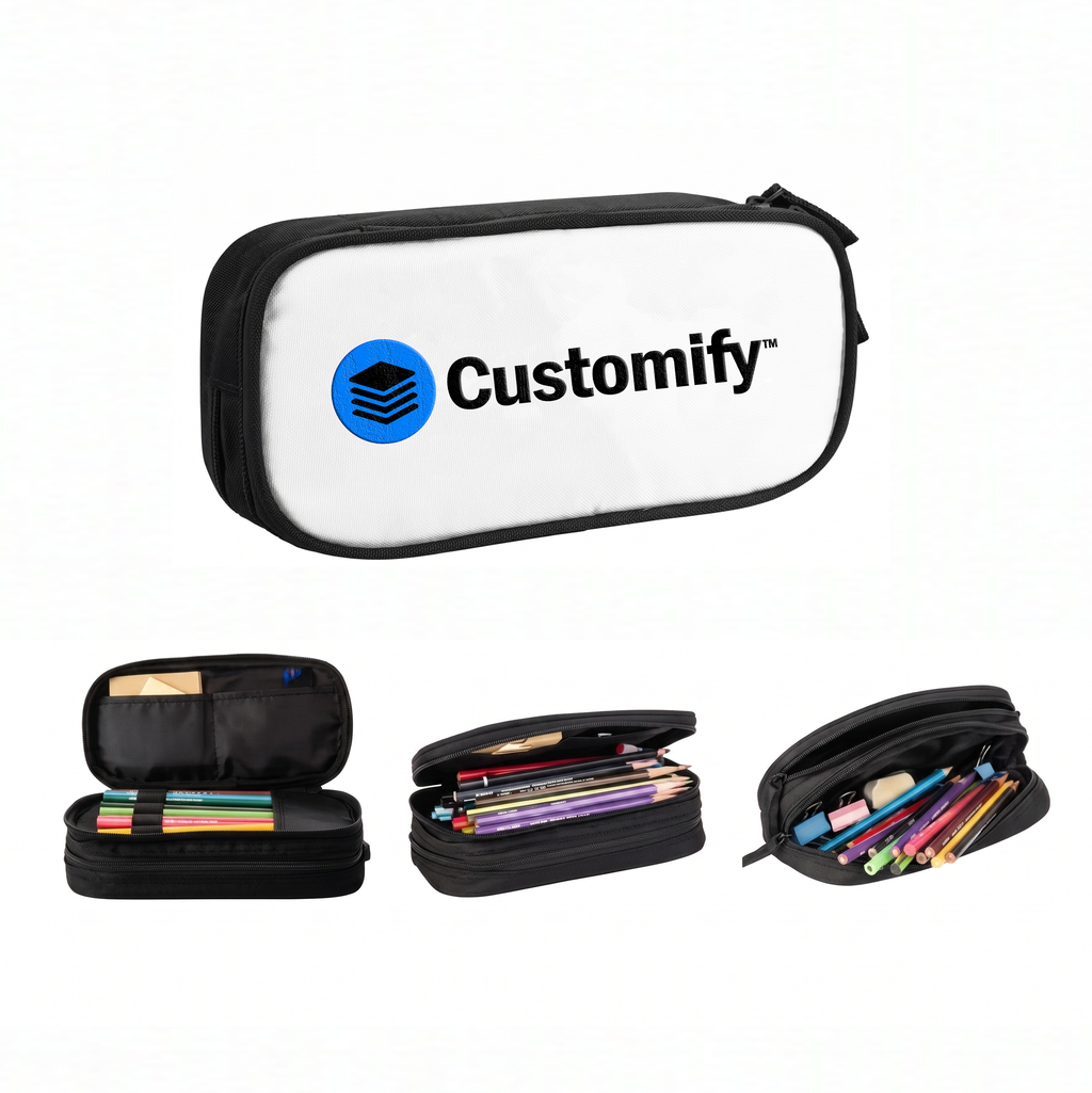 Schul-Etui in Weiss mit eigenem Logo online selber gestalten, personalisierbares Etui mit mehreren Fächern, Stiftehalter und Reissverschluss für Schule und kreative Schulsachen