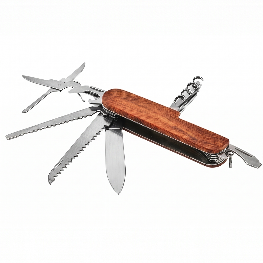 Taschenmesser 11-in-1 Multi-Tool geoeffnet mit Klinge, Schere, Saege und Korkenzieher