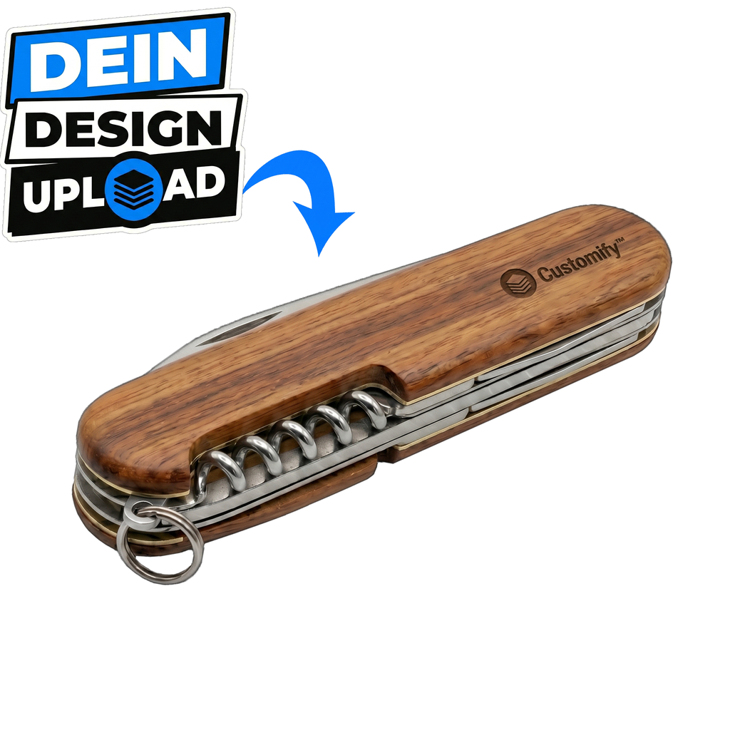 Taschenmesser mit Gravur und Holzgriff als personalisiertes Geschenk, eigenes Design oder Logo bei Customify hochladen und gestalten