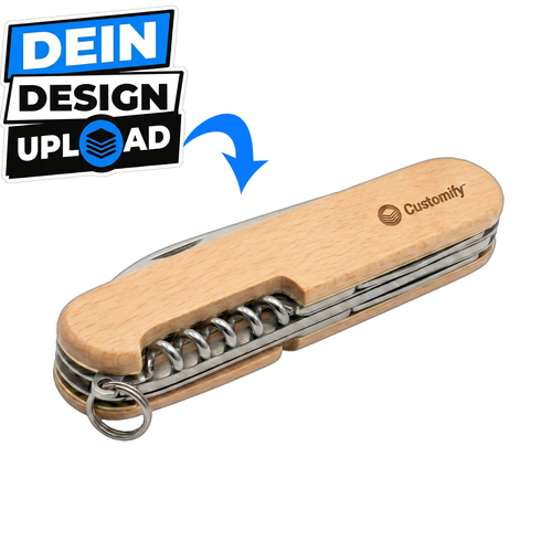Taschenmesser mit Gravur und echtem Holzgriff als personalisiertes Geschenk, eigenes Logo bei Customify hochladen und gestalten